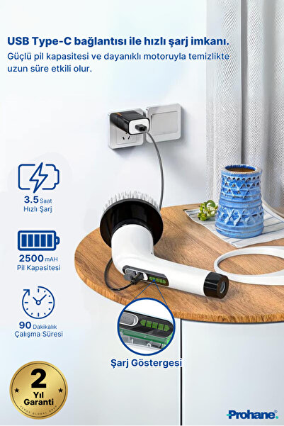 prohane Şarjlı Ve Elektrikli Temizlik Fırçası | 7 Başlık Dahil | Turbo Dönüş Teknolojisi | Mutfak, Banyo