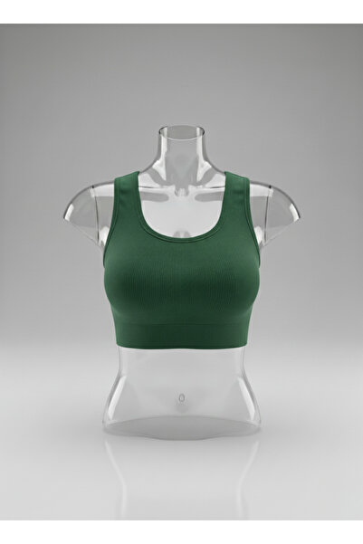 Hmd Women's Green U-Neck Strappy Crop Camisole Bustier Tank Top | Cotton Thick Ribbed 92% Cotton | Daily
