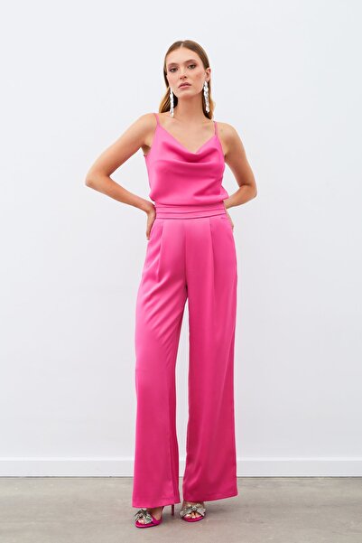 Sateen Pantaloni casual din satin cu buzunare - fucsia