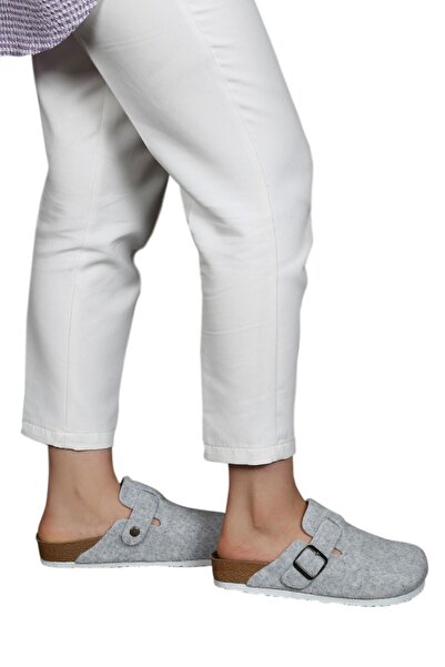 YILDIZ SHOES Ithal Unisex Kışlık Önü Kapalı Keçeli Günlük Sabo Ev Terliği Açık Gri