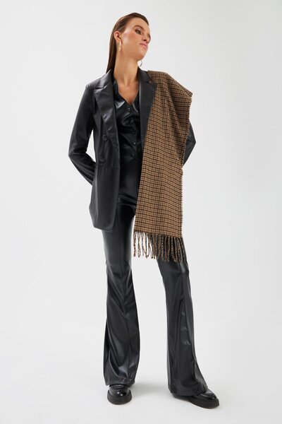 Sateen İspanyol paça deri pantolon - Siyah