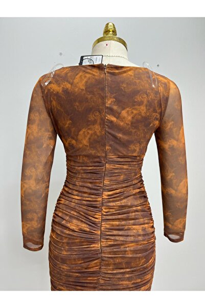 Robes Kadın Tül Drapeli Leopar Desen Şık Tasarım Mini Elbise