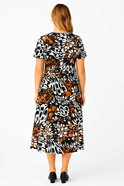 Şans Women's Plus Size Black, Butterfly Pattern, Crew Neck Viscose Dress 65N39156