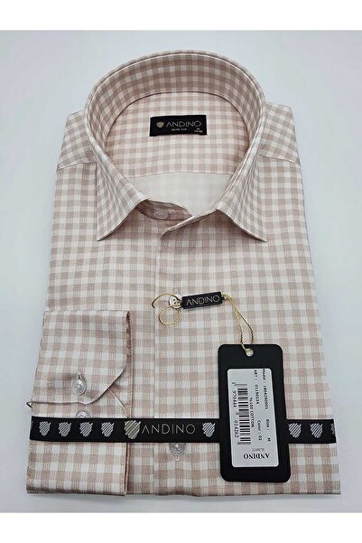 ANDINO Slimfit Milk Coffee Checkered Men's Shirt 100% Cotton with a Slim Fit ...