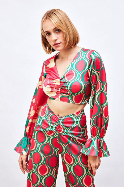 Sateen Büzgü Detaylı Desenli Bluz - Fuşya