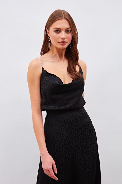 Sateen Taş Askılı Saten Bluz - Siyah