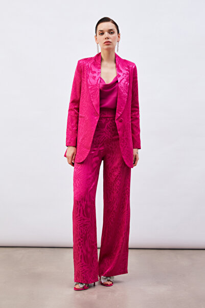 Sateen Desenli Saten Pantolon - Fuşya