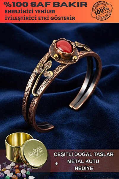 OSMANLI GÜMÜŞ Kadın Bakır Bileklik - Kırmızı Akik Taşlı Damla Model Kadın Bilezik Metal Kutu ve Doğal Taşlar