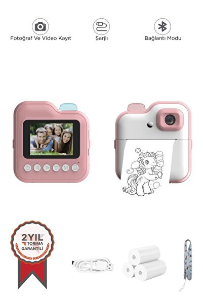 Torima Dijital Fotoğraf Makinesi Çocuk Termal Resim Kağıt Baskılı Yazıcı Kamera Video Makinesi CMR15 Pembe