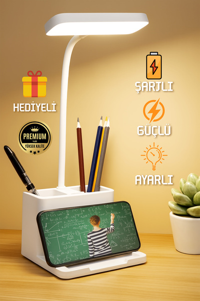 Telvesse Şarjlı Masa Lambası 3 Renk Dokunmatik Telefon Standlı Kademeli Ders Çalışma Okuma Işığı Gece Lambası