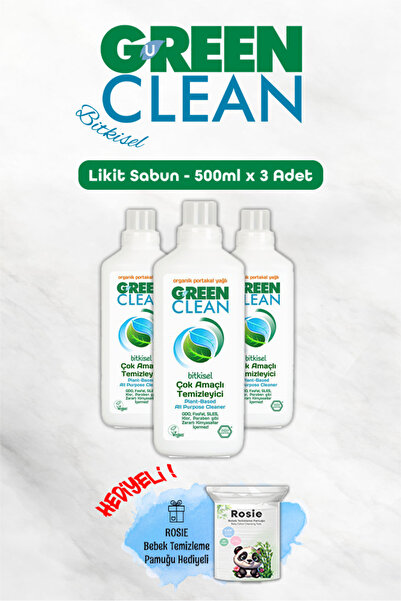Green Clean Çok Amaçlı Yüzey Temizleyici Portakallı 1 Litre x 3 Adet ve Rosie Pamuk Hediye