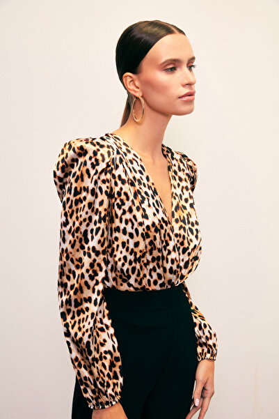 Sateen Double-Breasted Leopard Print Bodysuit Blouse - Black-Brown