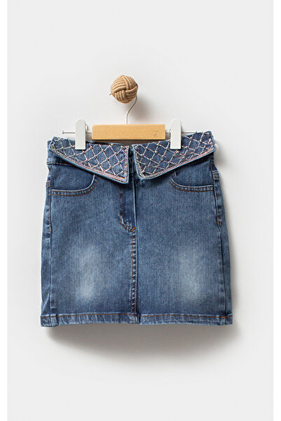 Overdo Kız Çocuk Beli Taş İşlemeli Likralı Denim Kot Etek