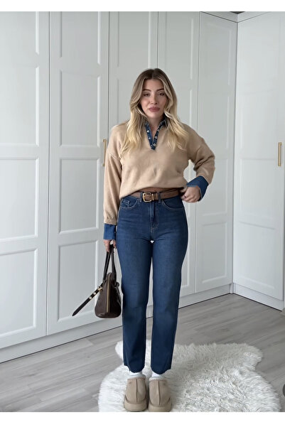 CADDELAMODA Pulover de tricotat pentru femei cu detaliu la guler și la mâneci