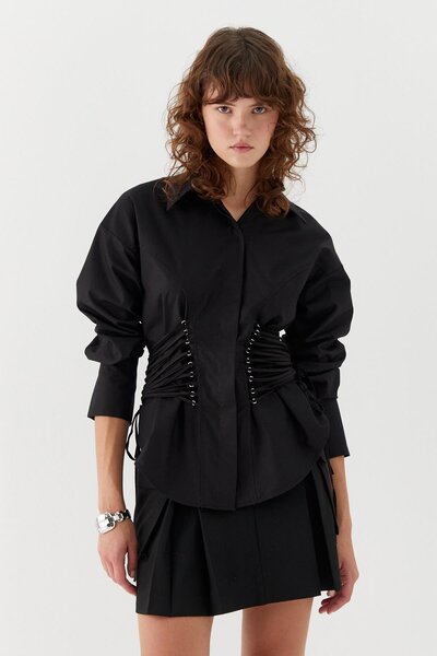 MARKALİSTE Long Shirt with Side Rope Detail Black