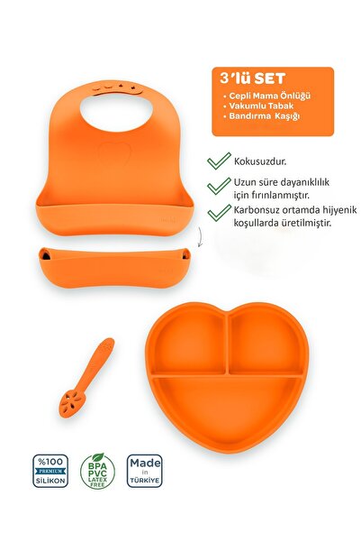 Moki Silikon Beslenme Seti 3'lü Sunset Turuncu / Mama Tabağı, Mama Önlüğü, Ba...