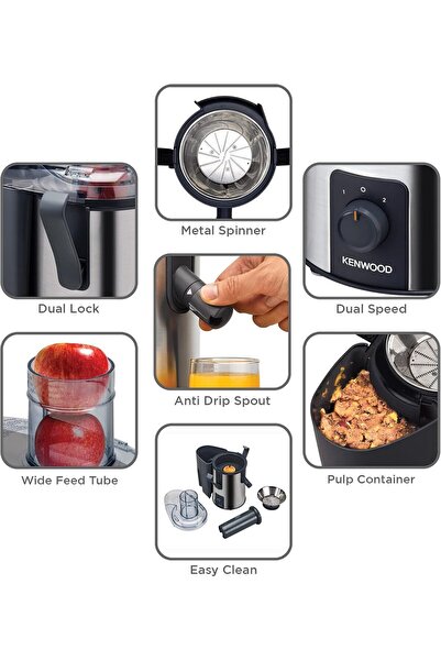 Kenwood 700W Stainless Steel Juicer with 75mm Wide Feed Tube, 2-Speed Control & Anti-Drip – Grey/Silver