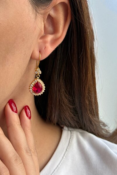 Utku Kuyumculuk 22 AYAR KIRMIZI DAMLA TAŞLI ÖZEL TASARIM SALLANTILI KÜPE