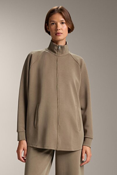 Oysho Long striped jacket with high collar and soft-touch modal