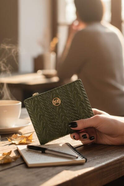 Classbag Kadın Yeşil Dokuma Desenli Kare Rugan Cüzdan
