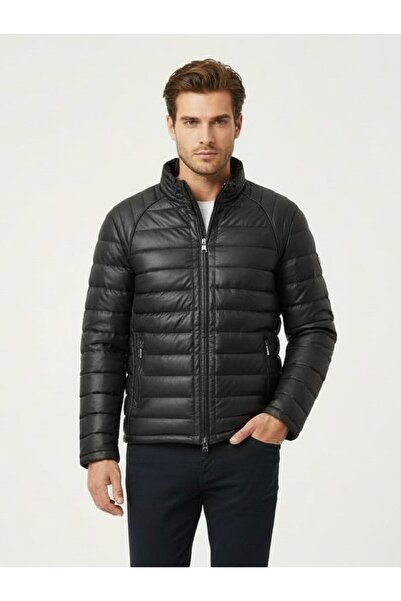 DYNAMO Men's Black Slim Fit Puffer Faux Leather Jacket - Stand Collar
