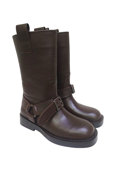 DRY SHOES Hakiki Deri Kahve Kadın Bot Ayakkabı Küt Burun Düz Taban Fermuarlı Tokalı Yuvarlak Burun DRY-2118