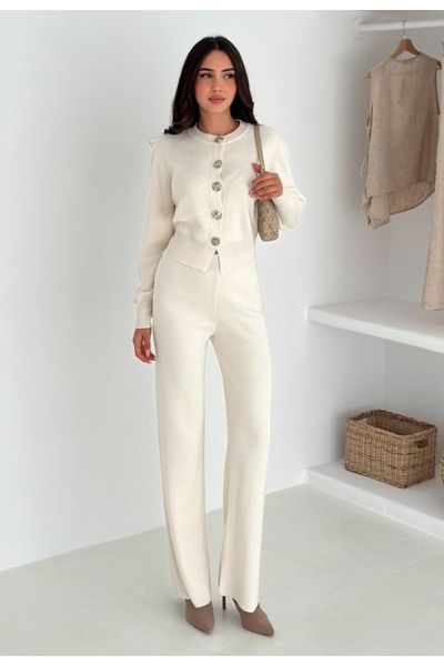 MAXXANA Σετ πλεκτών δύο τεμαχίων με λεπτή εφαρμογή, κομψή ζακέτα και παντελόνι με φαρδύ πόδι