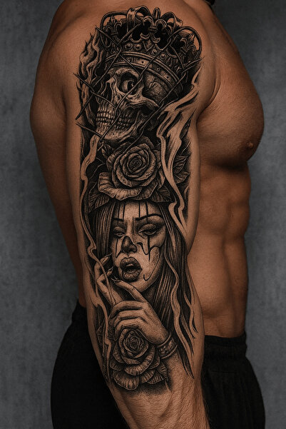 TAKIŞTIR Kuru Kafa Ve Kız Figürlü 12 Saat Sonra Kararan Geçici Kol Dövme Tattoo