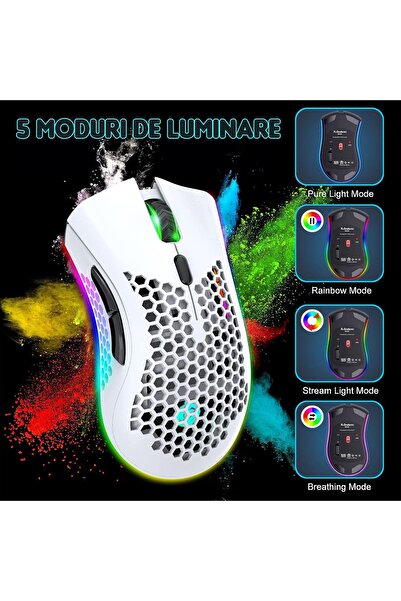 Timebox Mouse de gaming wireless, 95g, încărcare rapidă, USB, 2.4GHz, RGB, 2 butoane programabile, alb