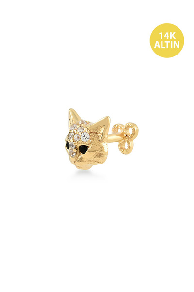 KURSHUNI Taşlı Kedi, 14 Ayar Altın Kıkırdak Küpe/Piercing (TEK Satılır) Bar U...