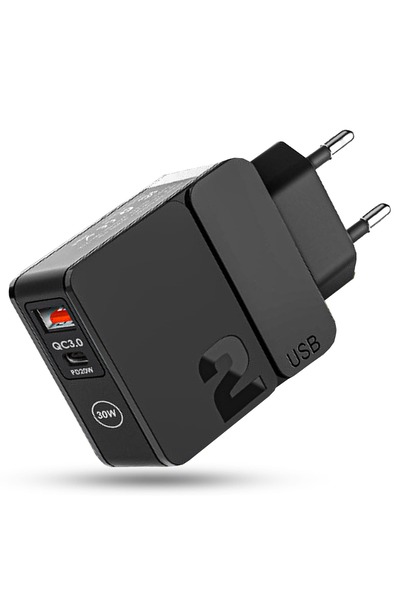 Timebox Încărcător de rețea, 2 porturi, încărcare rapidă 30W, 1 x USB Q, C 3.0 și 1 x Tip-C, negru