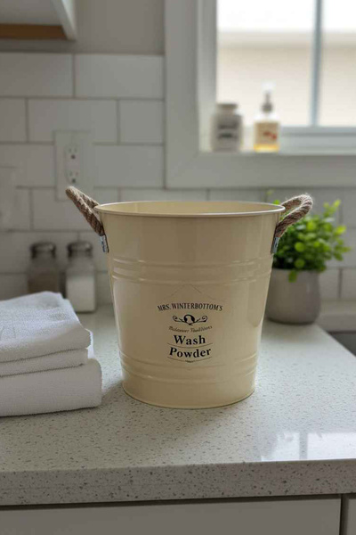 Desen Dekorasyon Deterjan Kutusu Metal Kulplu Krem