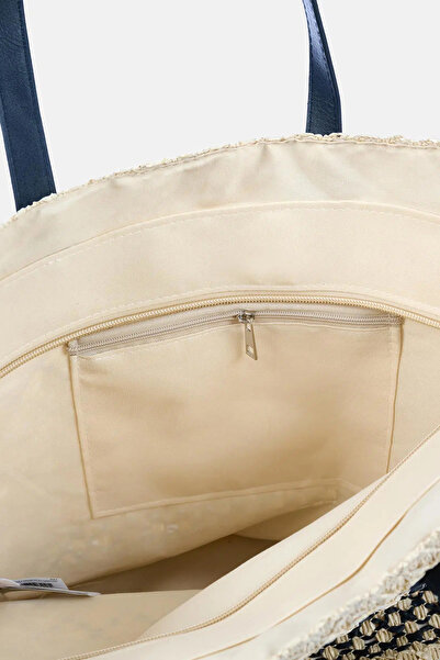 Dagi Ecru-Black Women's Quadrilateral Patterned Straw Beach Bag