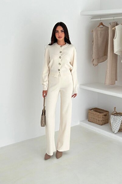 MAXXANA Σετ πλεκτών δύο τεμαχίων με λεπτή εφαρμογή, κομψή ζακέτα και παντελόνι με φαρδύ πόδι