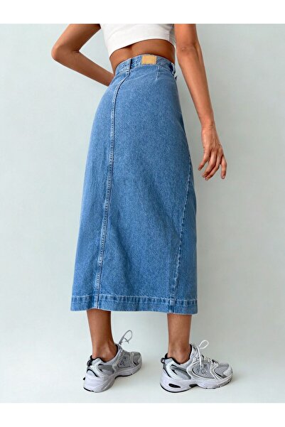 1434 Polo State Kadın Yırtmaçlı Kot Etek Mavi