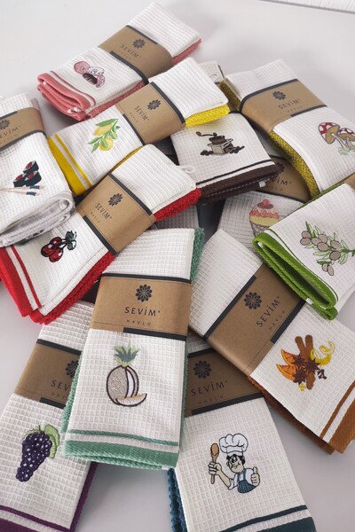 Sevim Mustard Color 2-piece Kitchen Towel - Mushroom Embroidered