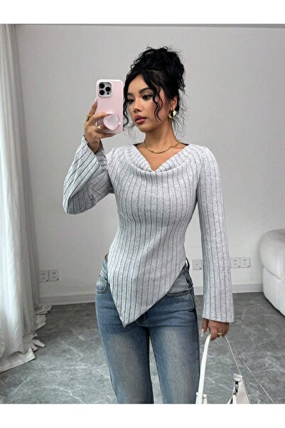 poswicon gri drapeli yaka asimetrik etek ucu ispanyol kol üst bluz