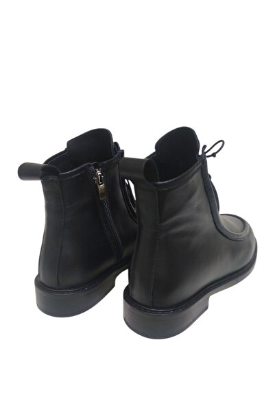 DRY SHOES Hakiki Deri Siyah Kadın Bot Ayakkabı Yuvarlak Burun Düz Taban Fermuarlı Bağcıklı Dikişli DRY-2119