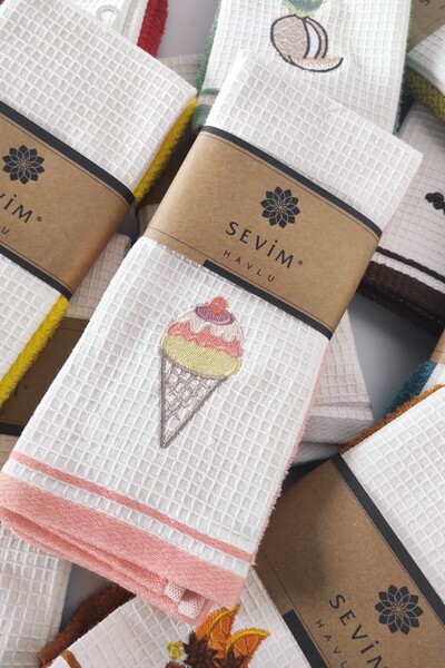 Sevim Salmon Color 2-piece Kitchen Towel - Ice Cream Embroidered