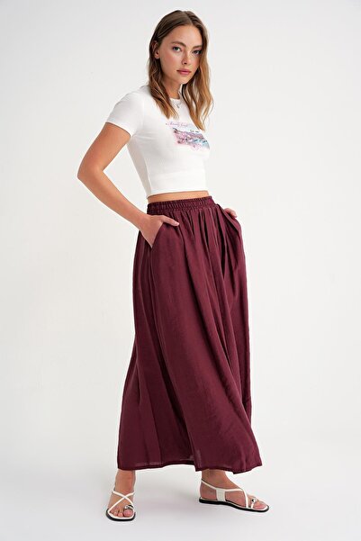 Mixray 4612 Burgundy Women's Skirt - Loose Fitting with Side Pockets and Pleats