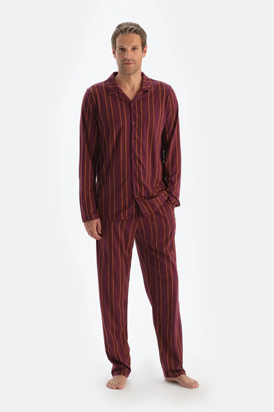 Dagi Bordo Çizgili Uzun Kollu Gömlek Pantolon Pijama Takımı