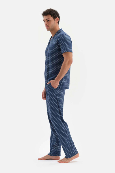 Dagi Lacivert Metraj Baskılı Gömlek Yaka Modal Pijama Takımı