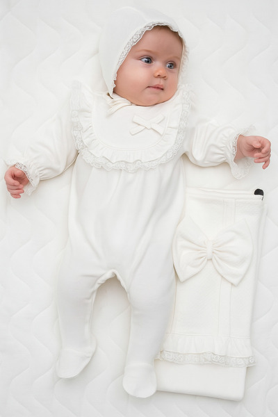 Naka Concept Jacquard Natural Cotton 3 Piece Lace Baby Girl Hospital Discharge Set – Ecru