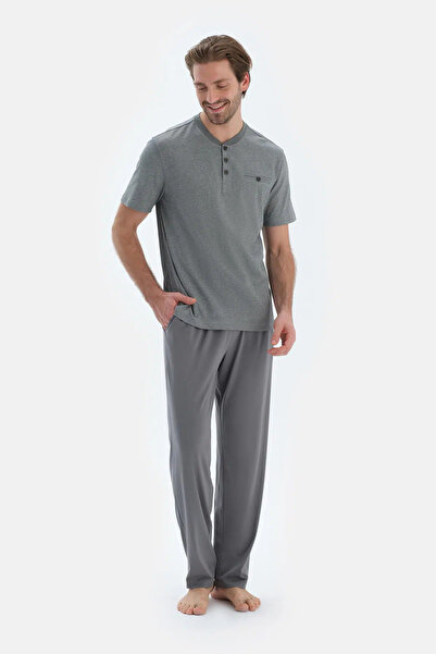 Dagi Gri Kısa Kollu Yarım Patlı Tişört Pantolon Pijama Takımı