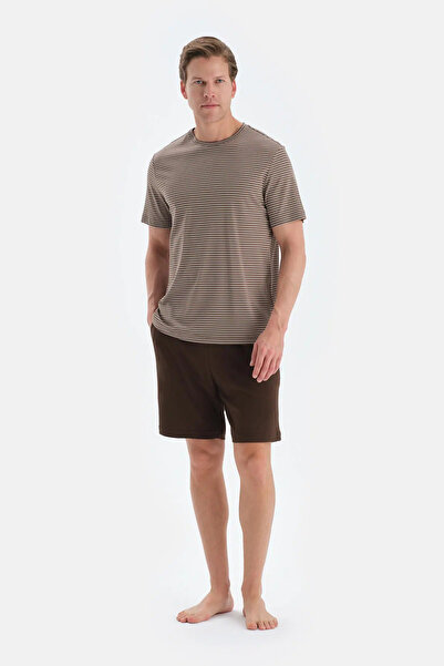 Dagi Ανοιχτό καφέ ριγέ κοντομάνικο μπλουζάκι σορτς πιτζάμες