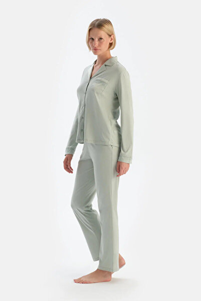 Dagi Mint Yeşili Saten Garnili Gömlek Pantolon Pijama Takımı