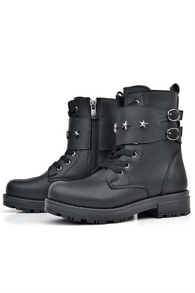 Rakerplus Black Lace-Up Zippered Star Detailed Girl's Boots