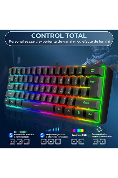 Timebox gaming keyboard, 61 keys, RGB, 8 modes, anti-ghosting, waterproof, USB, black