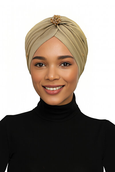 fidan bone Βραδινό καπό Hijab με επένδυση από κρυστάλλινο τούλι σε μπεζ έτοιμο τουρμπάνι