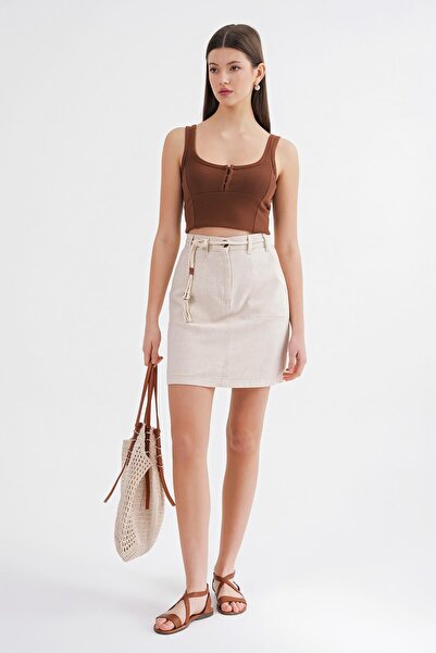Mixray 4639 Women's Knitted Belted Linen Skirt Natural